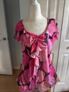 Sweet Pea Pink Floral Tie-Front Ruffled Women's Top